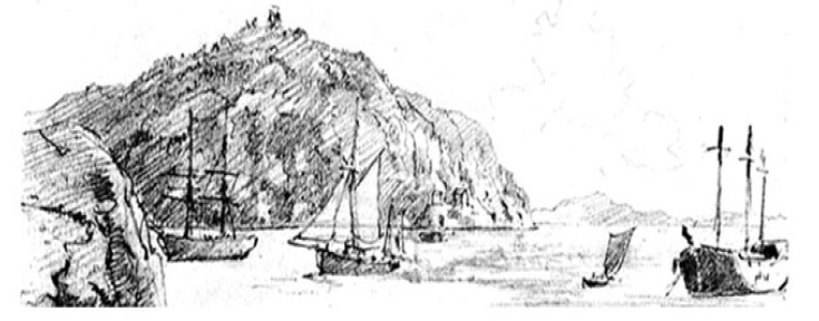 Tegning av Odderøya med skip på sjøen